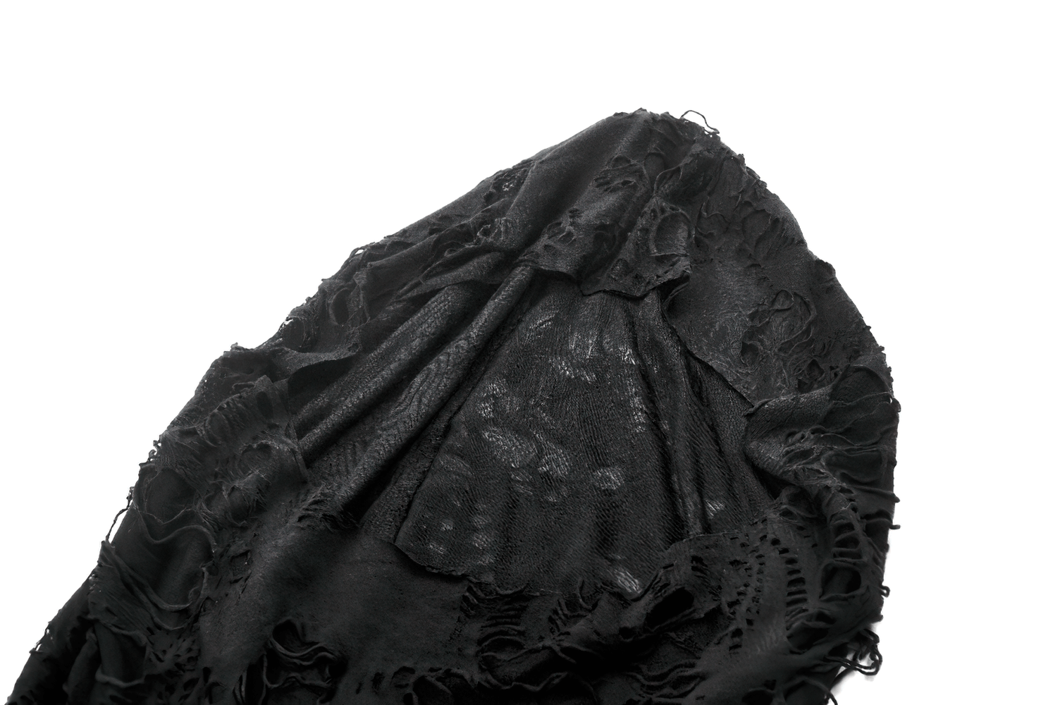 Distressed black punk hooded poncho cape with unique tattered design, perfect for edgy fashion lovers.