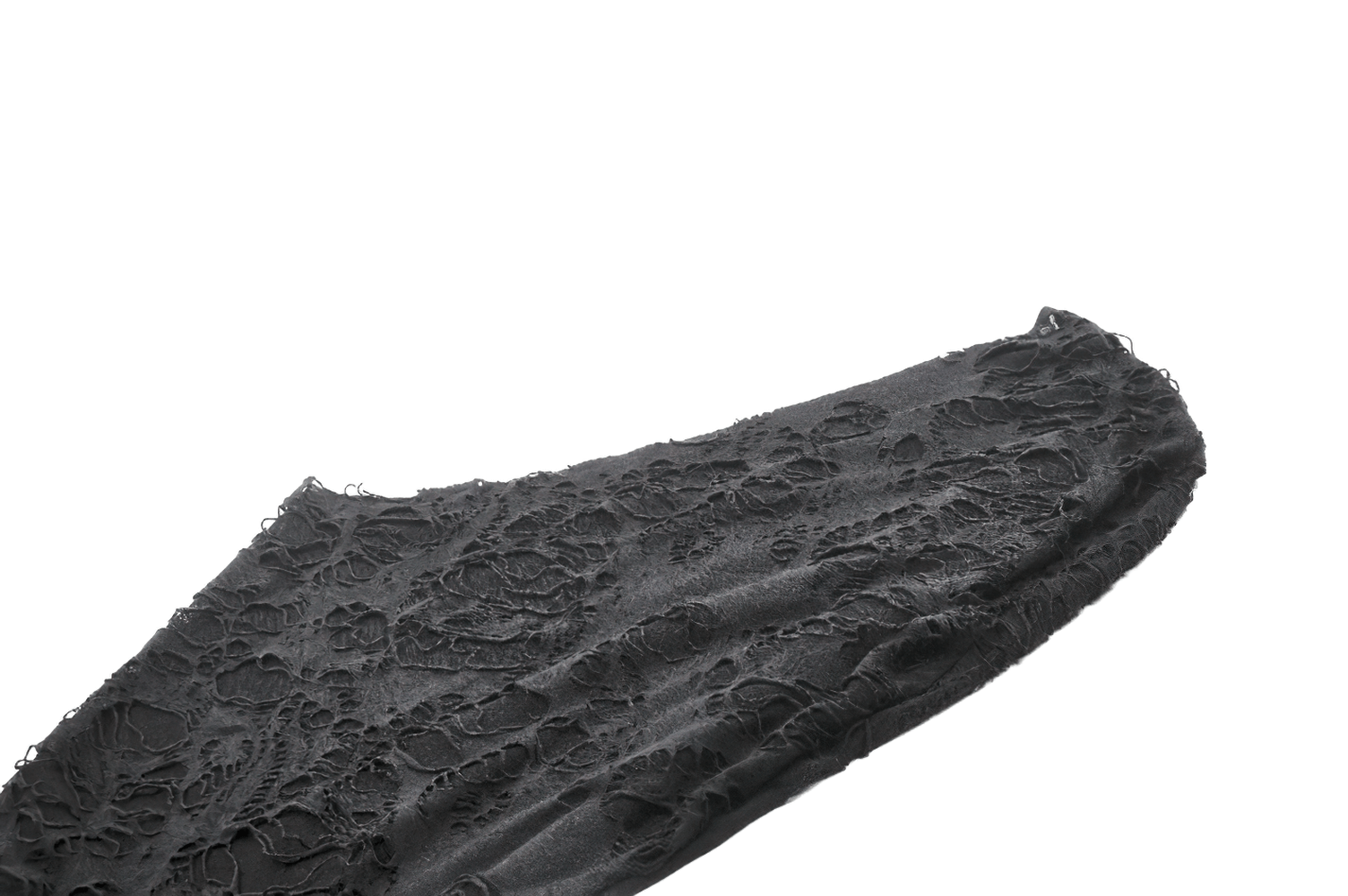 Distressed punk hooded poncho cape with tattered design in black fabric, showcasing intricate lace details.