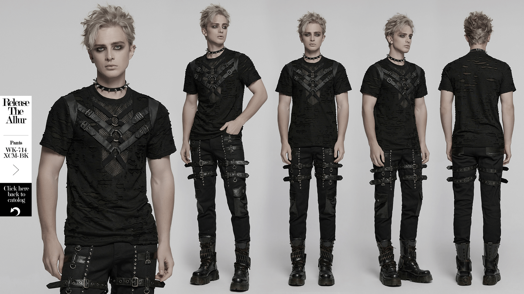 Distressed punk mesh t-shirt with leather straps and metal rings, showcasing a bold and edgy design.