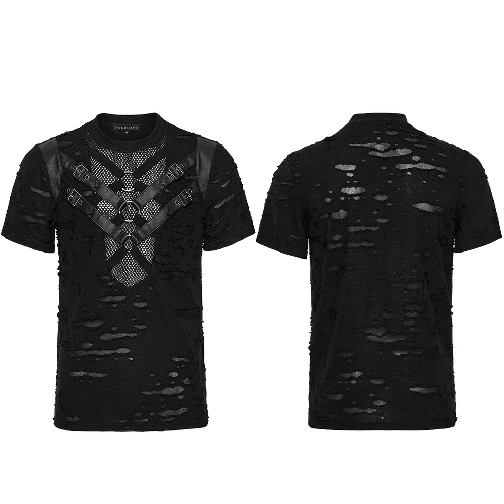 Distressed punk mesh t-shirt with leather straps and metal rings, showcasing a rebellious edgy style.