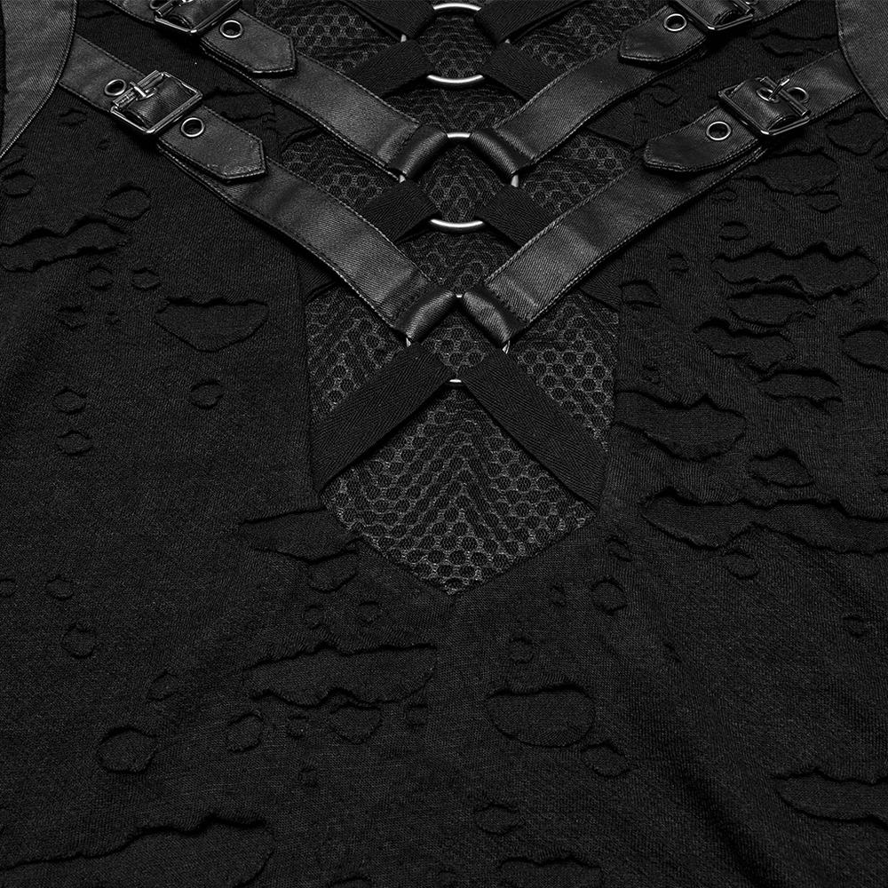 Close-up of distressed punk mesh t-shirt featuring leather straps and metal rings for an edgy look.