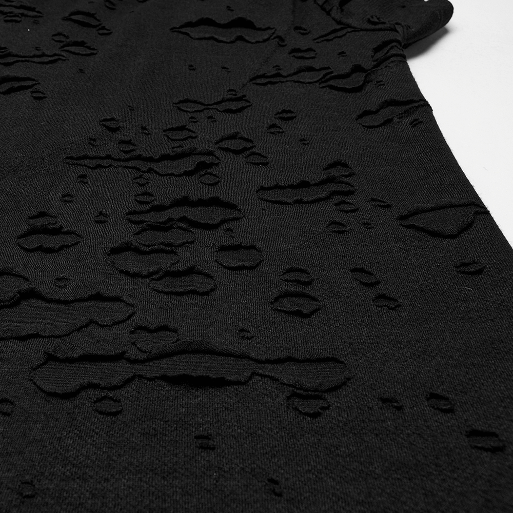 Distressed black punk mesh t-shirt showcasing edgy tattered fabric and unique design elements.