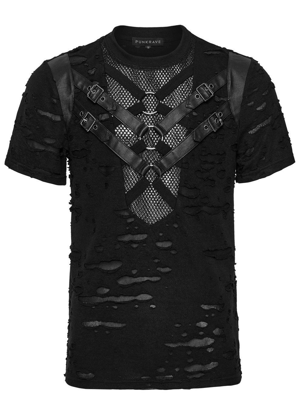 Distressed punk mesh t-shirt with leather straps and metal rings for an edgy look.