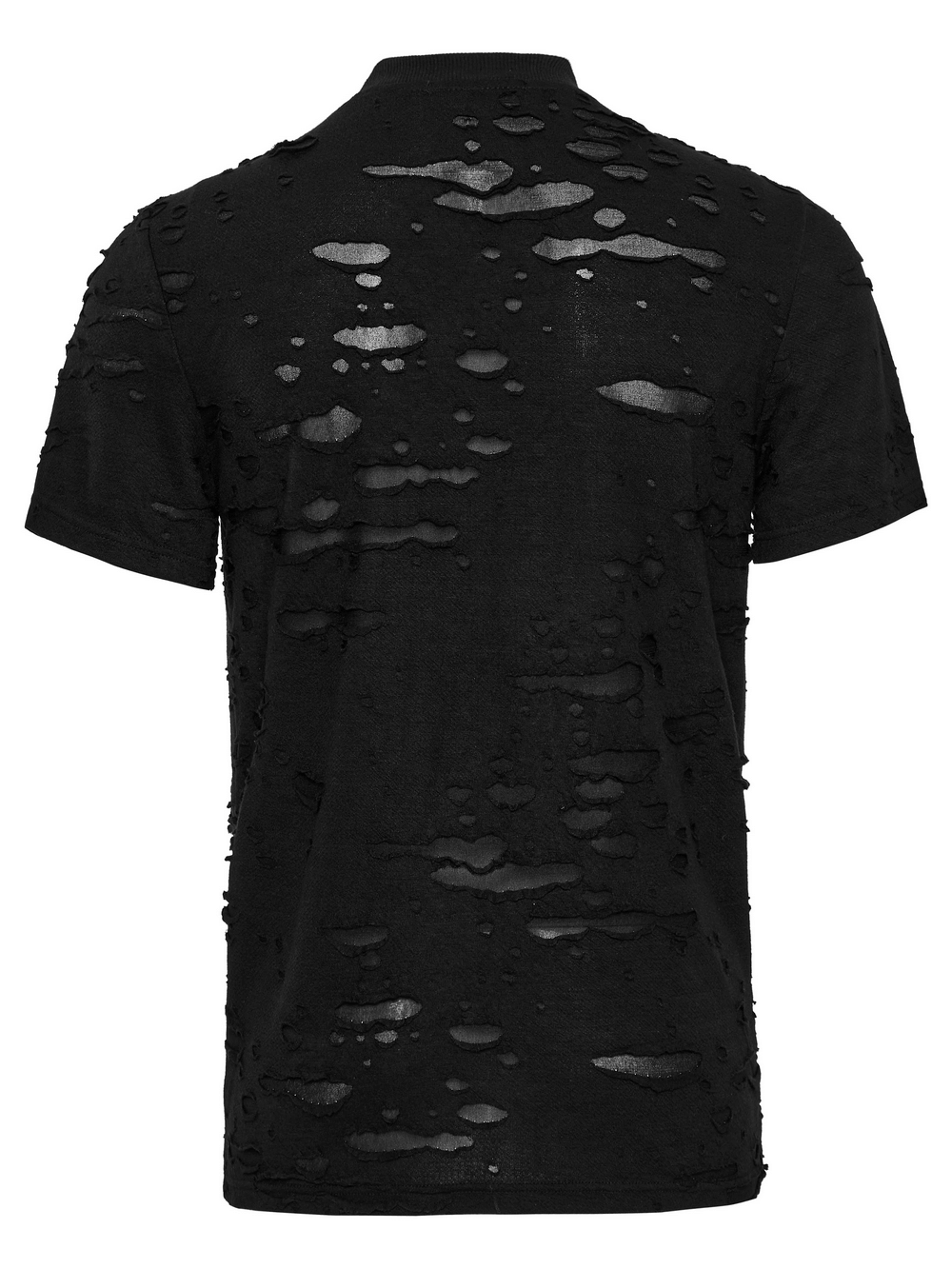 Distressed punk mesh t-shirt featuring a tattered back design for an edgy, rebellious style.