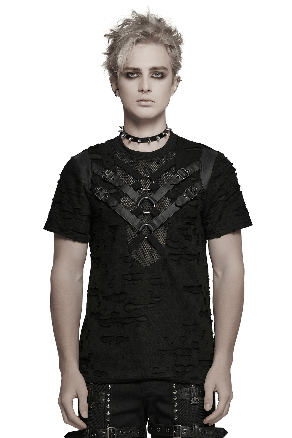 Edgy distressed punk t-shirt featuring mesh and leather straps, accented with metal rings for a rebellious look.
