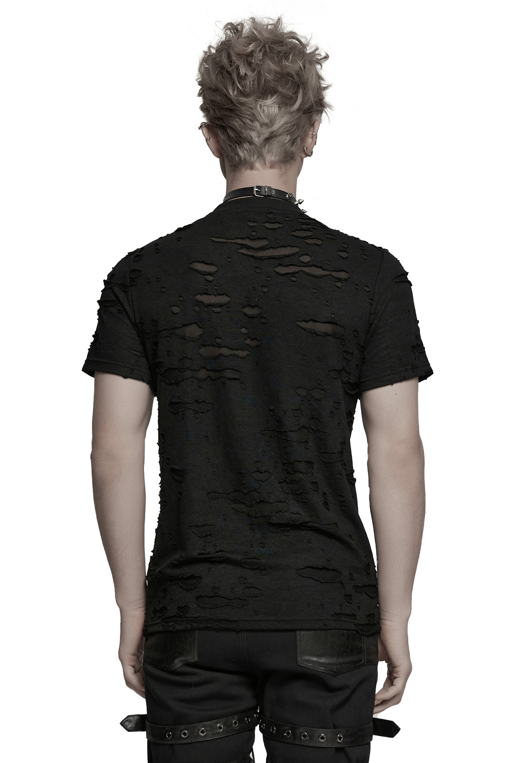 Back view of distressed punk mesh t-shirt featuring tattered design and edgy leather straps.