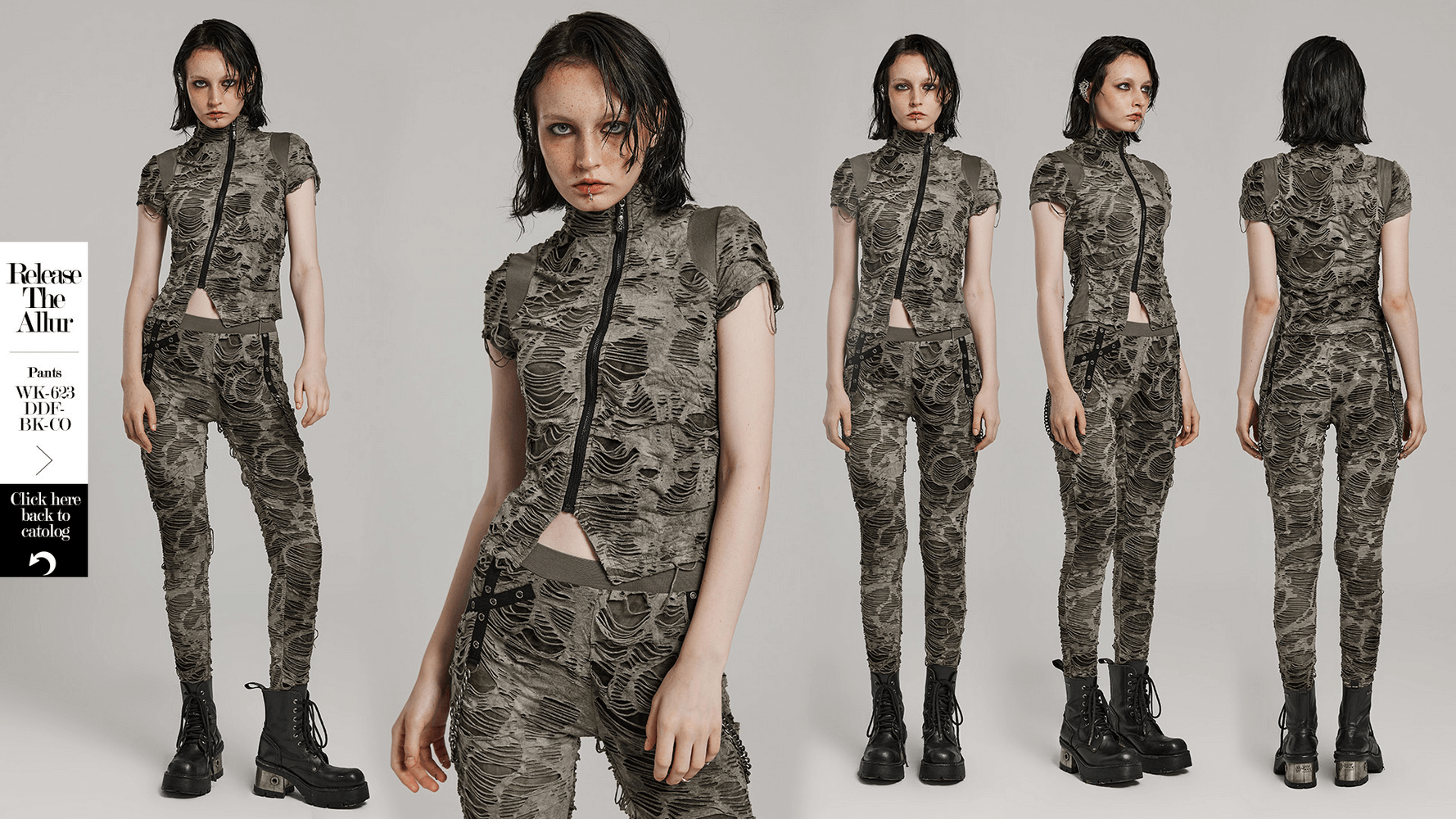 Distressed punk zip T-shirt in monochrome cuts, featuring urban edge and slim fit, perfect for bold fashion statements.