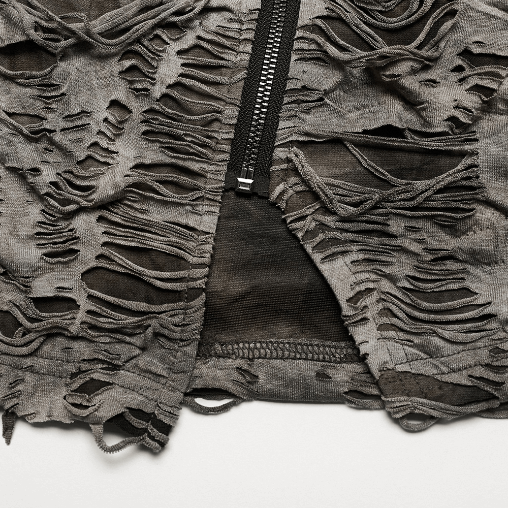 Distressed punk zip T-shirt featuring a raw, tattered texture and cross-cut design for an edgy urban look.