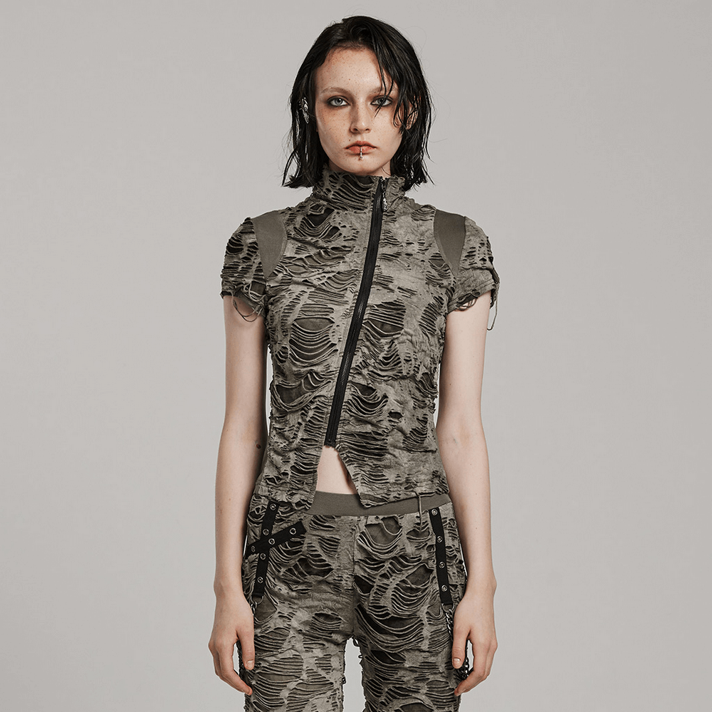 Distressed punk zip T-shirt in monochrome cuts, showcasing an edgy urban style with tattered texture and slim fit.