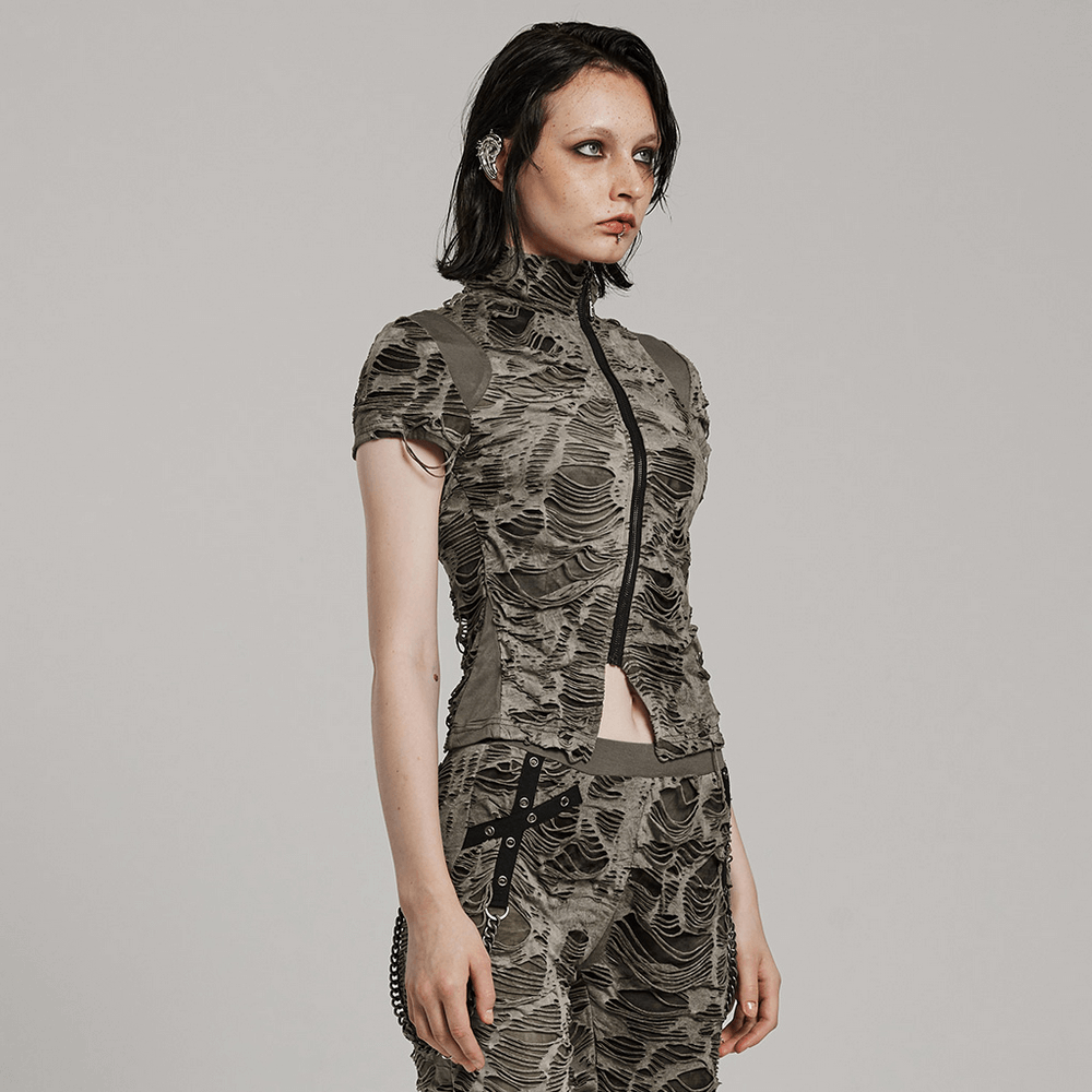 Model wearing Distressed Punk Zip T-Shirt featuring a unique monochrome design and edgy industrial details.