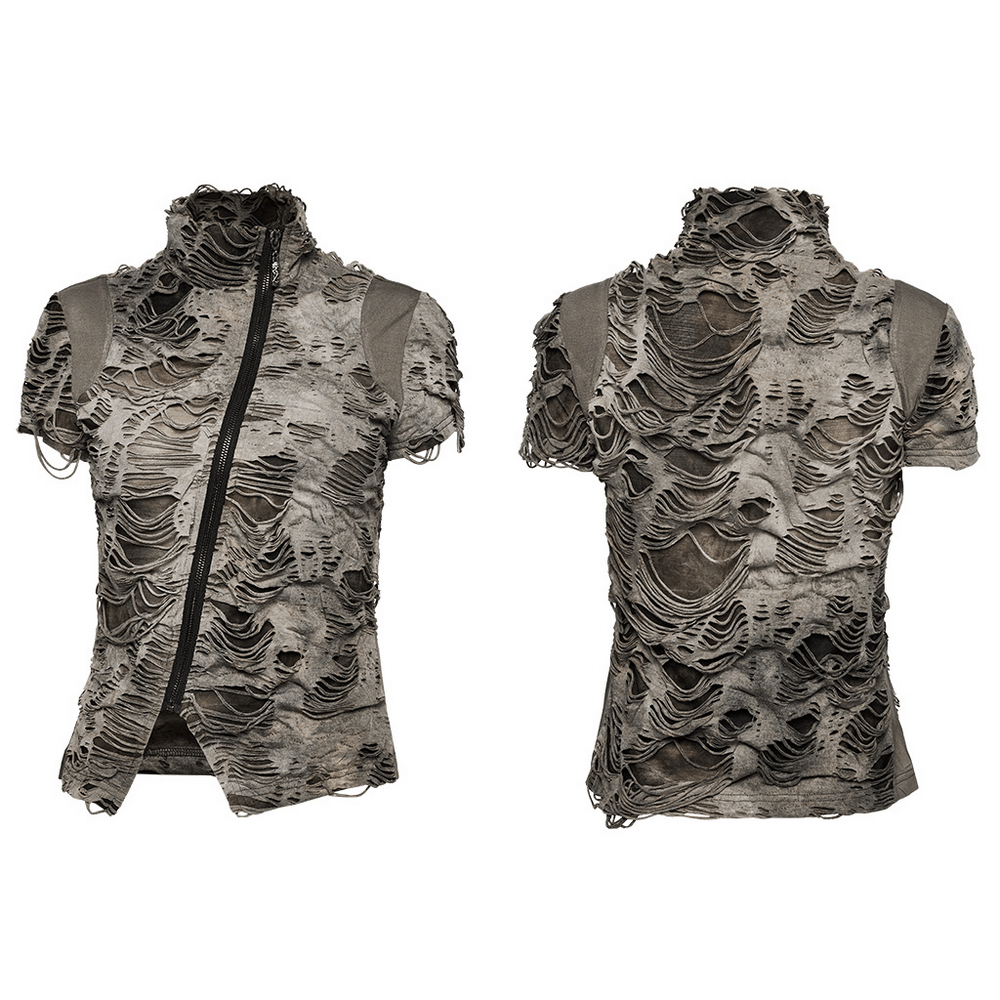 Distressed punk zip T-shirt in monochrome with tattered texture and industrial edge, showcasing a unique slim fit.