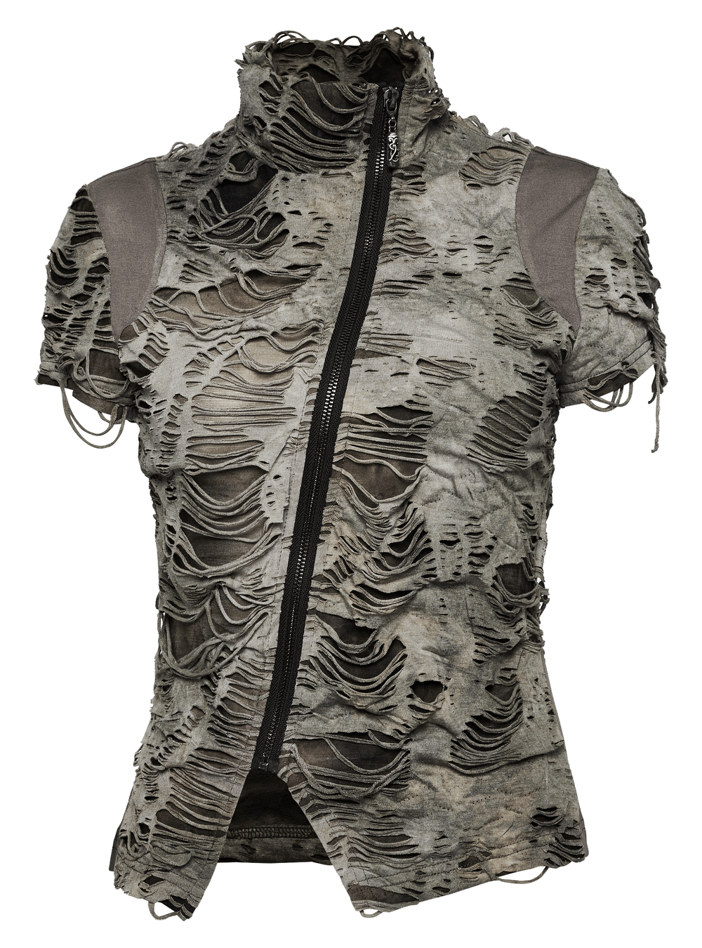 Distressed punk zip T-shirt in monochrome cuts with a unique tattered texture and industrial style.