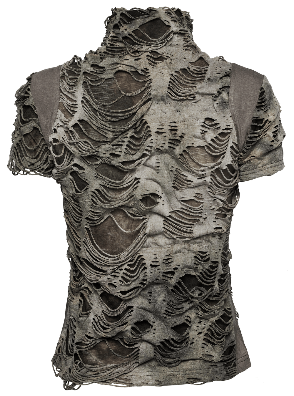 Distressed punk zip T-shirt showcasing a unique tattered texture and edgy urban design, perfect for avant-garde fashion lovers.