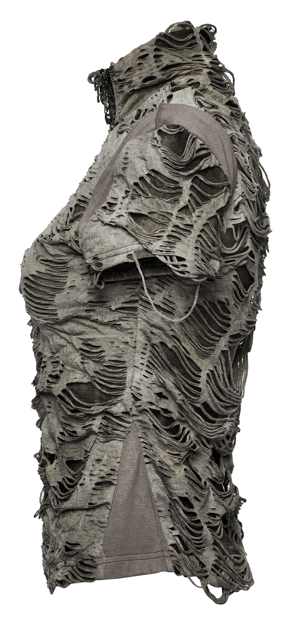 Distressed punk zip T-shirt showcasing tattered texture and urban edge in monochrome design, perfect for daring fashion lovers.