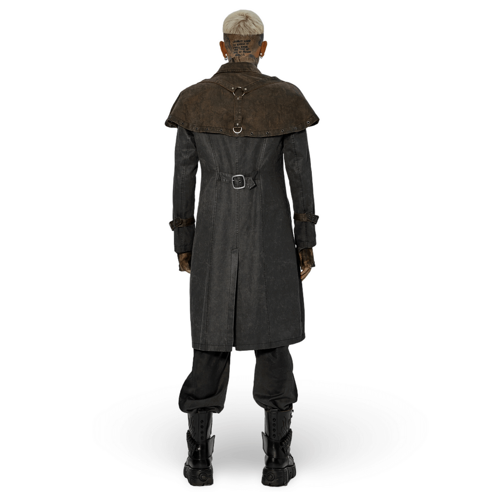 Back view of a Distressed Steampunk Tailcoat with buckle accents, showcasing a unique post-apocalyptic design.