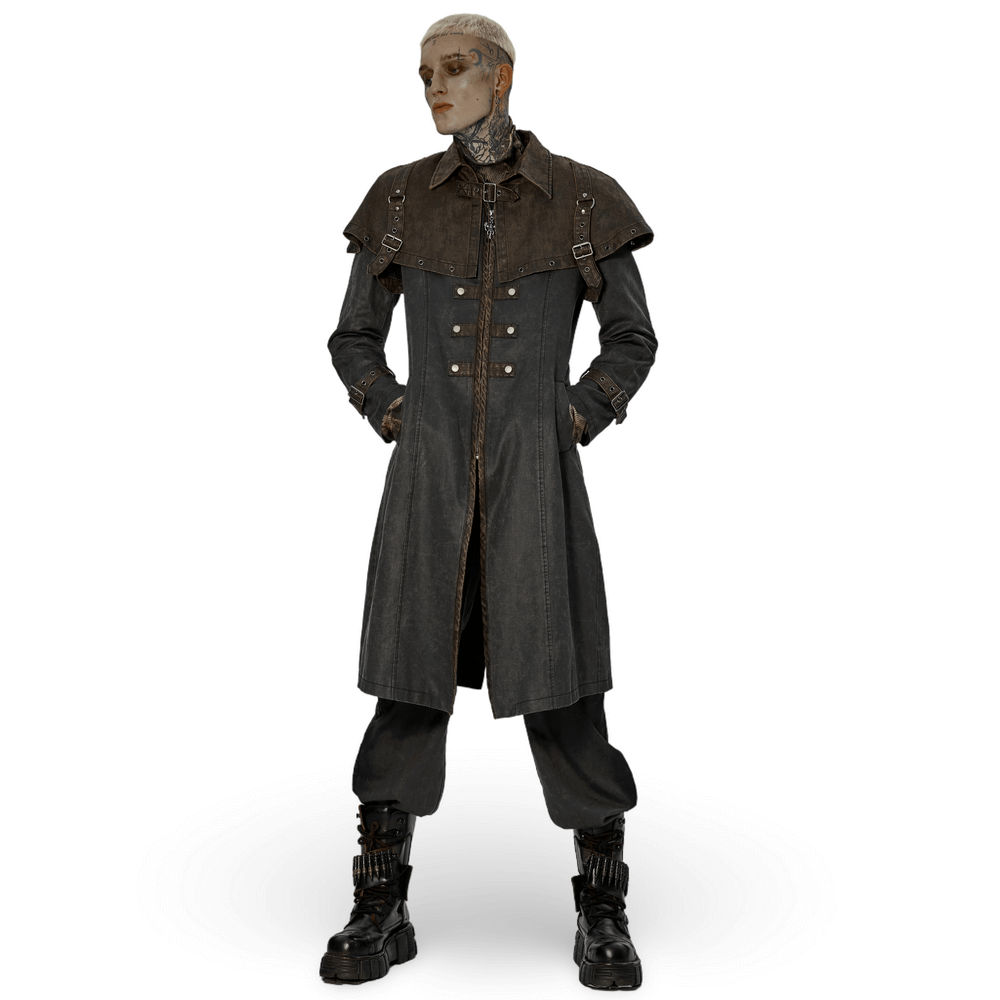 Distressed Steampunk tailcoat with buckle accents in unique post-apocalyptic style, featuring a non-detachable cloak.