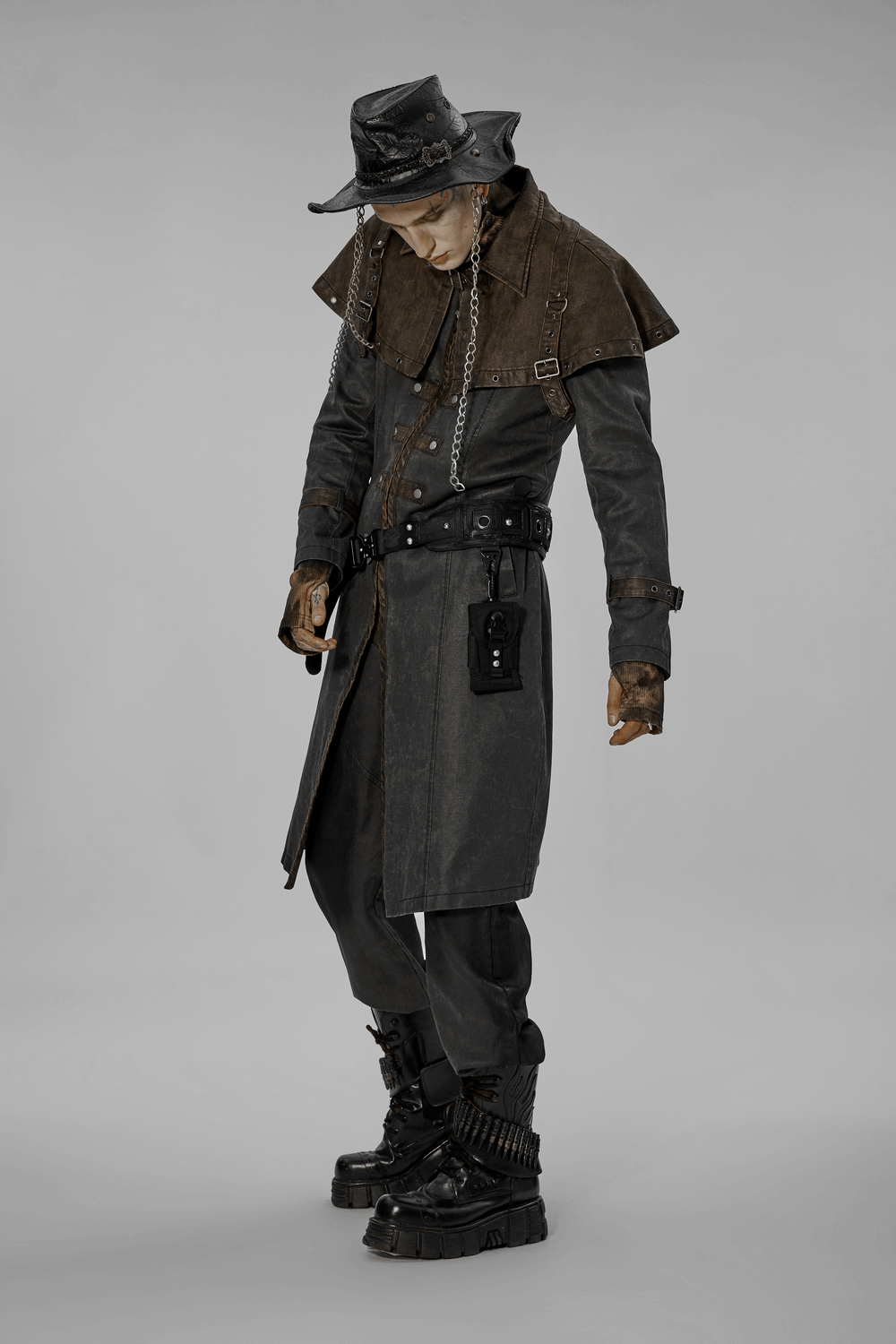 Distressed steampunk tailcoat with buckle accents and a two-layered look, styled for a post-apocalyptic theme.