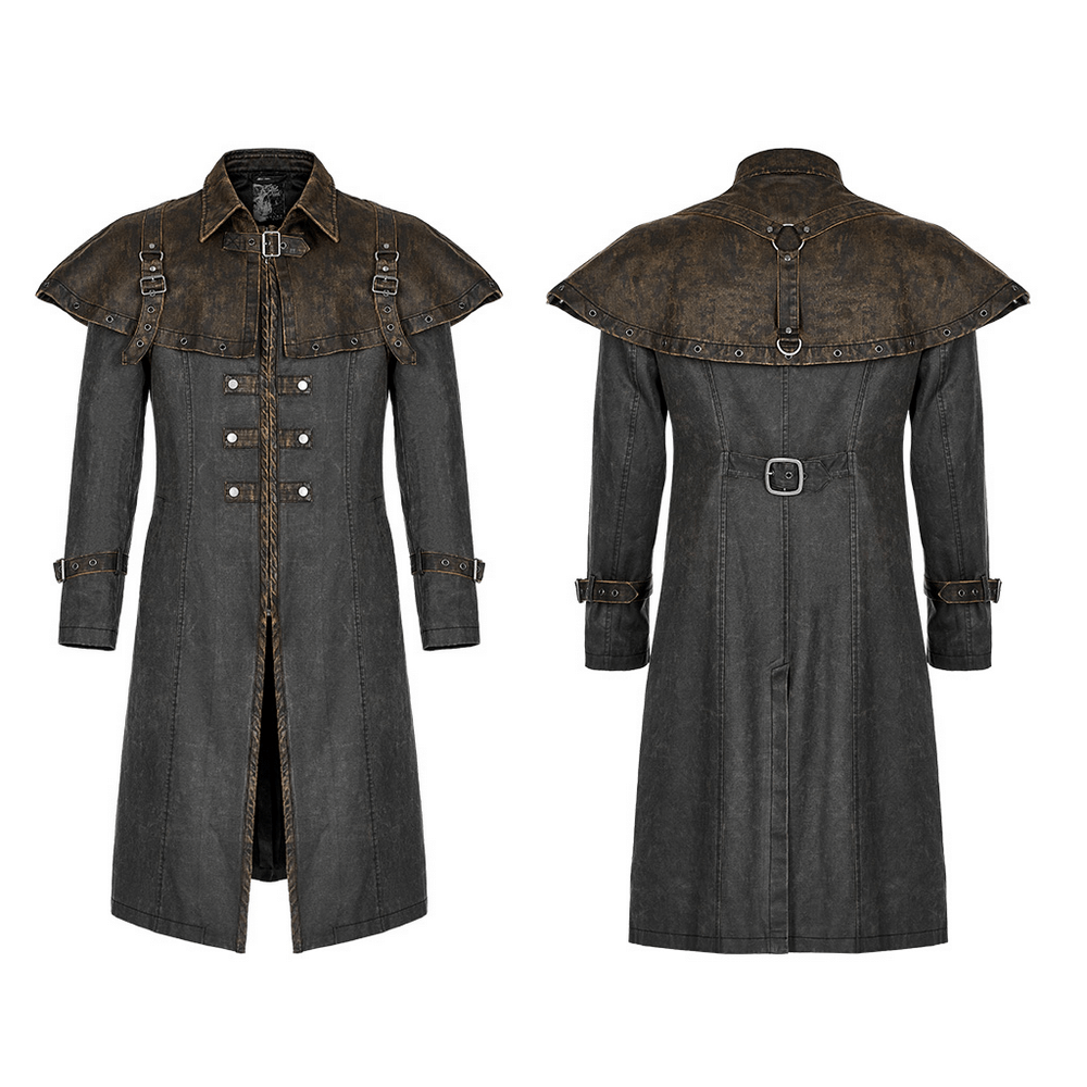 Distressed steampunk tailcoat featuring buckle accents and a layered cloak for unique post-apocalyptic style.