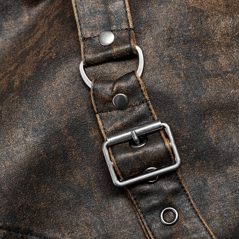 Close-up of distressed leather buckle accent on a steampunk coat, showcasing unique post-apocalyptic style.