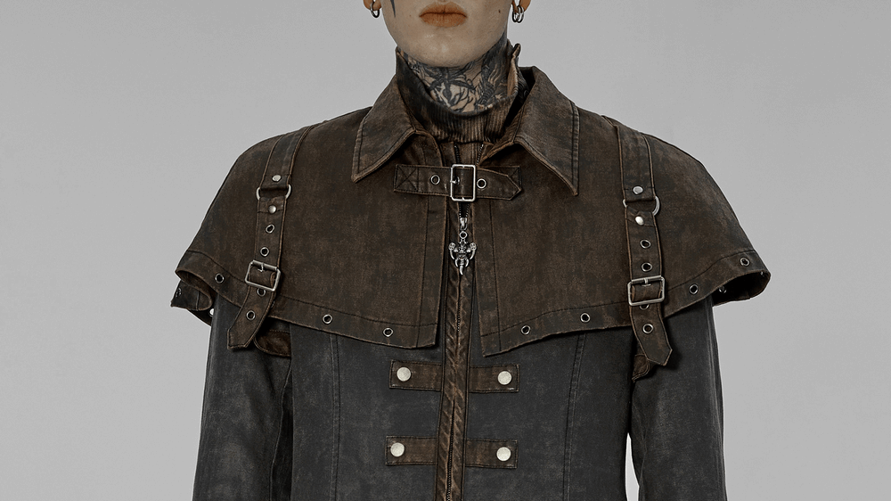 Close-up of a Distressed Steampunk Tailcoat featuring buckle accents and a unique layered design.