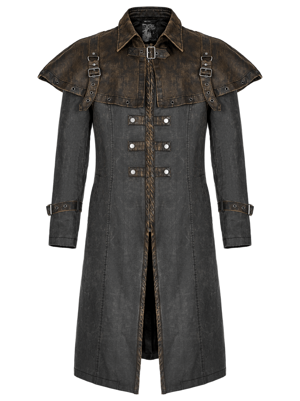 Distressed Steampunk tailcoat with buckle accents and a unique two-layered design.