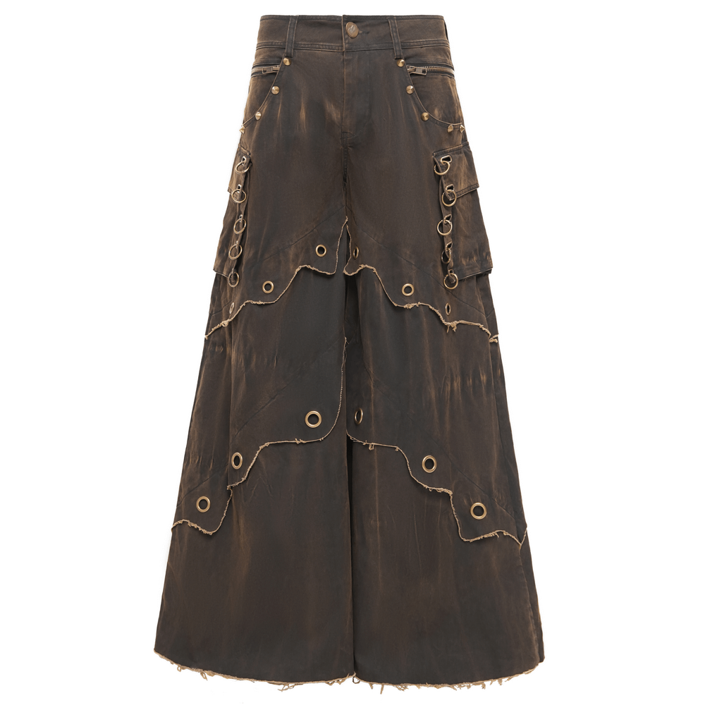 Distressed wide leg pants featuring grommet details and a tiered raw hem for a bohemian, edgy look. Perfect for any occasion!