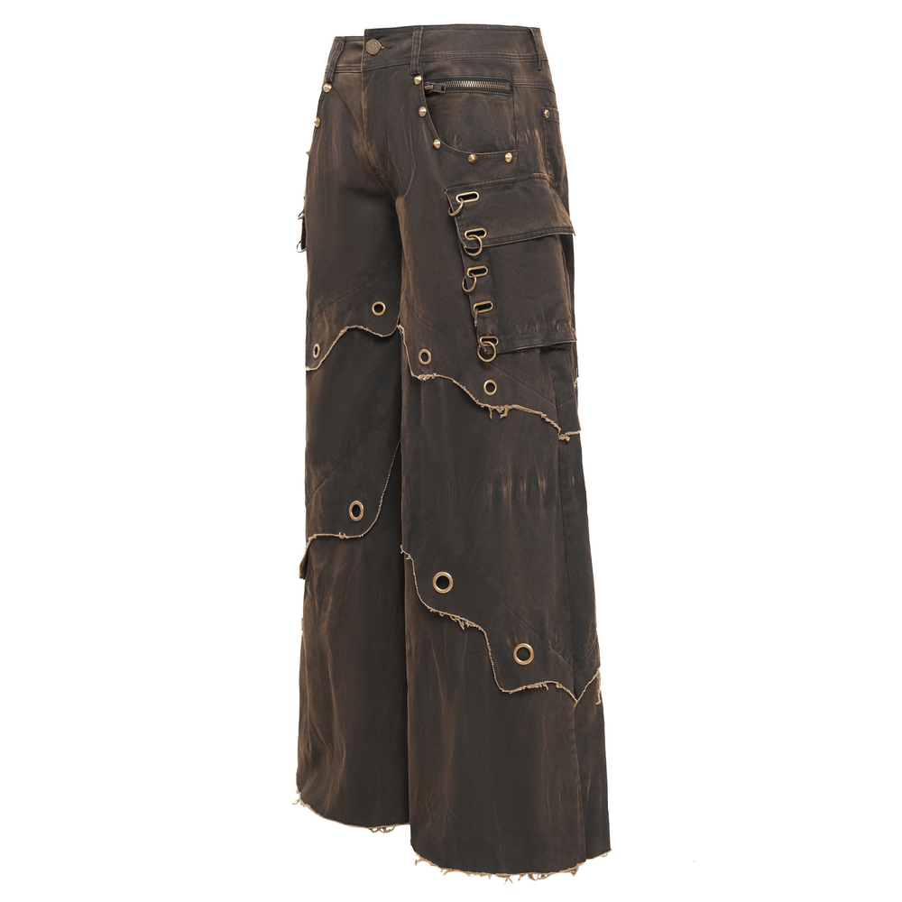 Distressed wide-leg pants with grommets and raw hem, perfect for a bohemian style and featuring practical pockets.