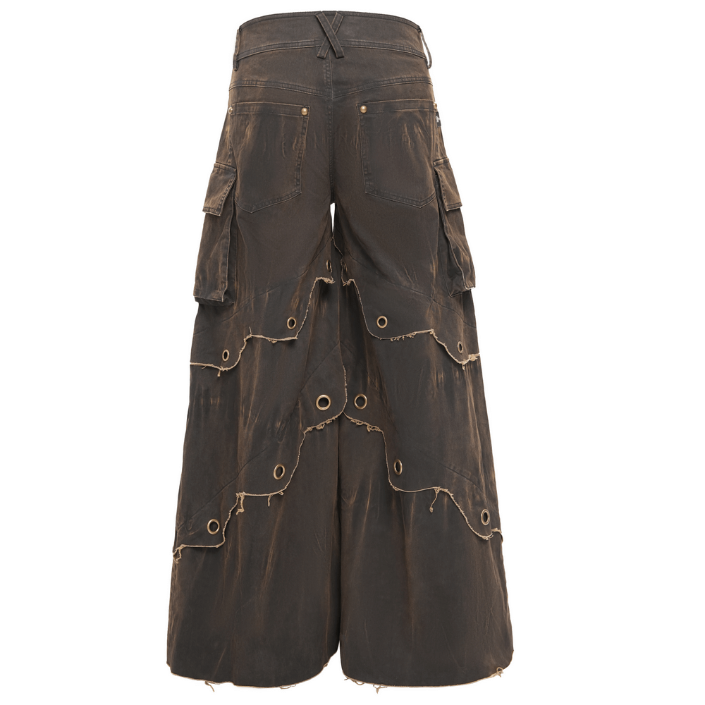 Distressed wide leg pants with grommets, raw hem, and pockets, showcasing a bohemian style and tiered design.