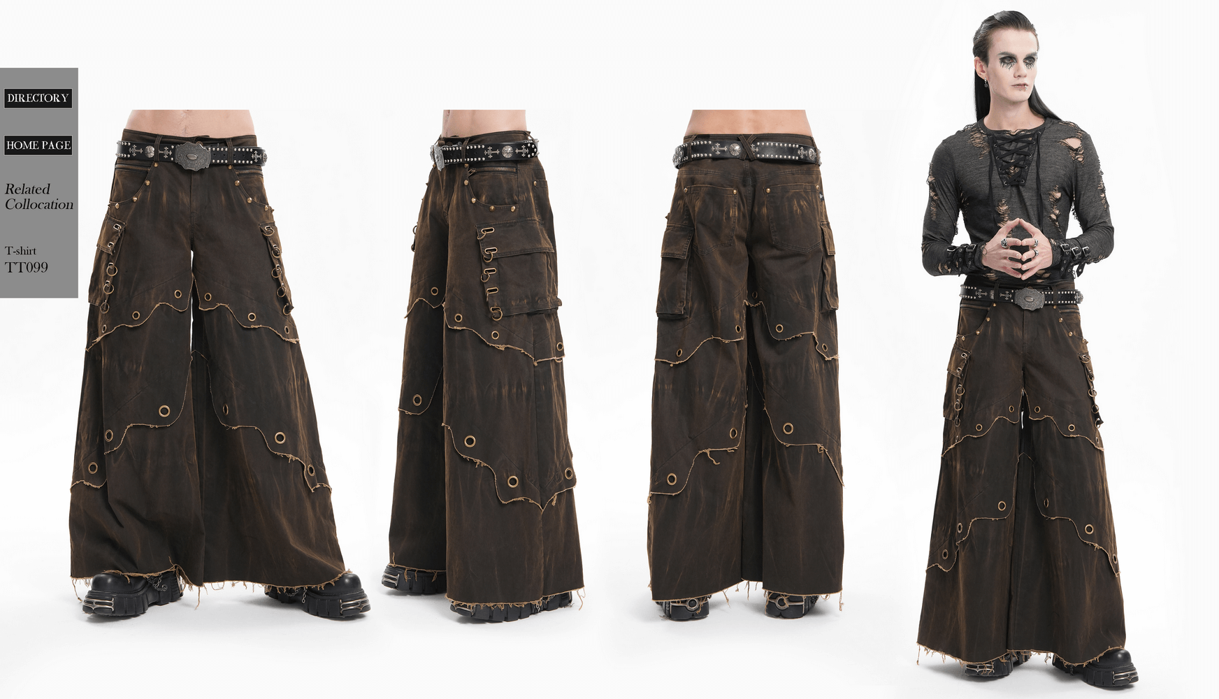 Distressed male wide leg pants with grommets, raw hem, and pockets, perfect for bohemian style and versatile outfits.