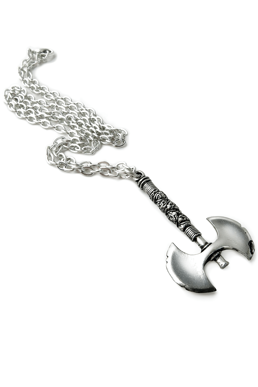 Double Axe Pendant in pewter featuring warrior aesthetics and Viking appeal on a silver chain.