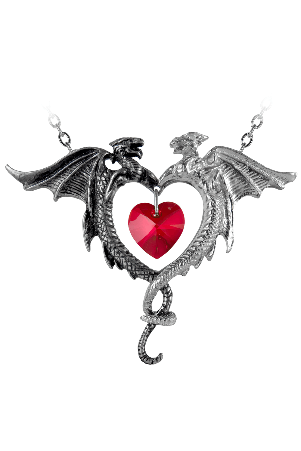 Double Dragon Heart Necklace with Red Crystal Pendant featuring two dragon heads and a heart-shaped red crystal.