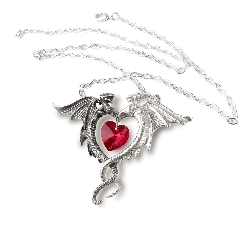 Double Dragon Heart Necklace with Red Crystal Pendant on a silver chain featuring a stunning red crystal.