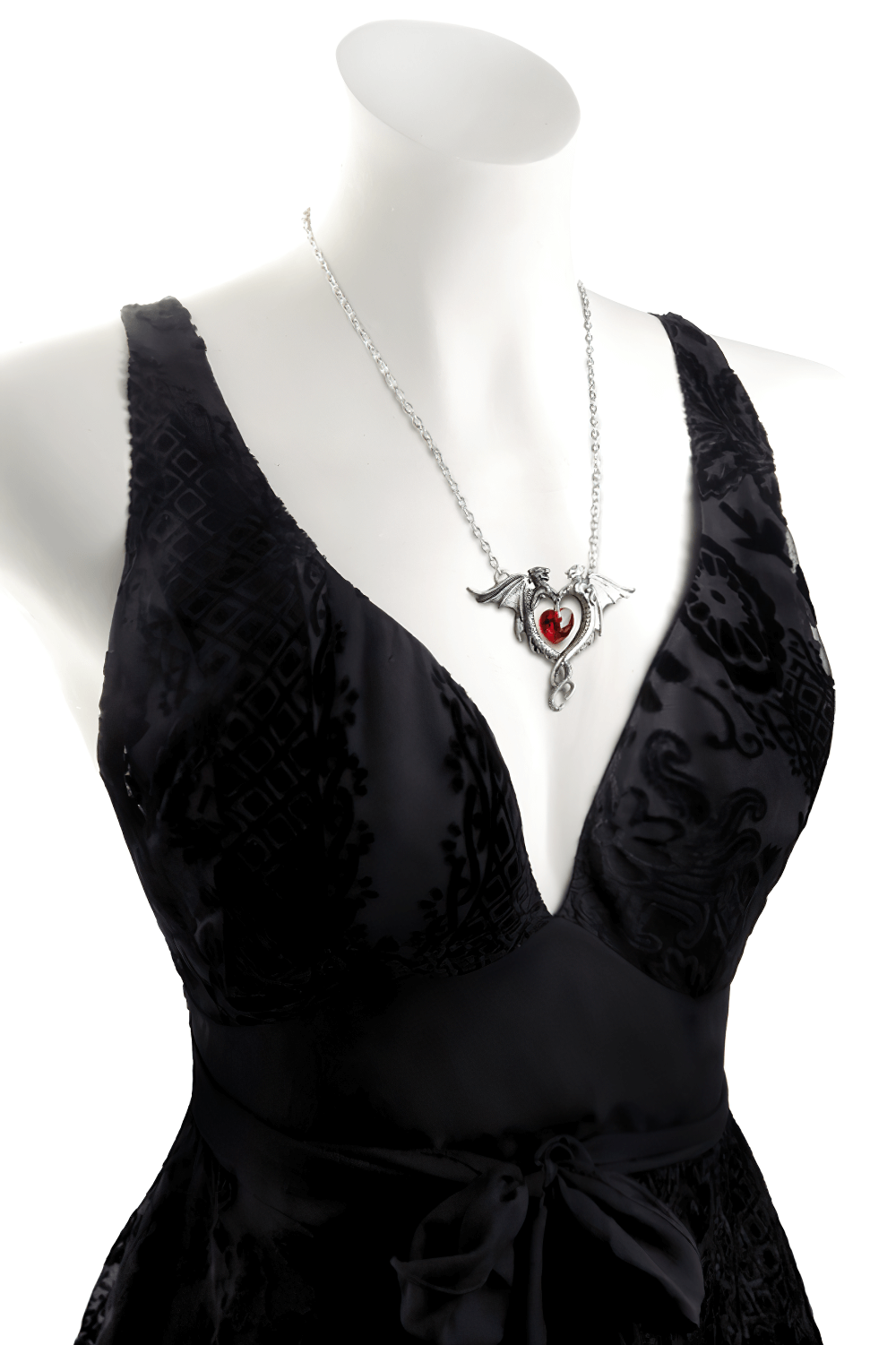 Double Dragon Heart Necklace with Red Crystal Pendant worn on a black dress, featuring a striking design with silver dragons.
