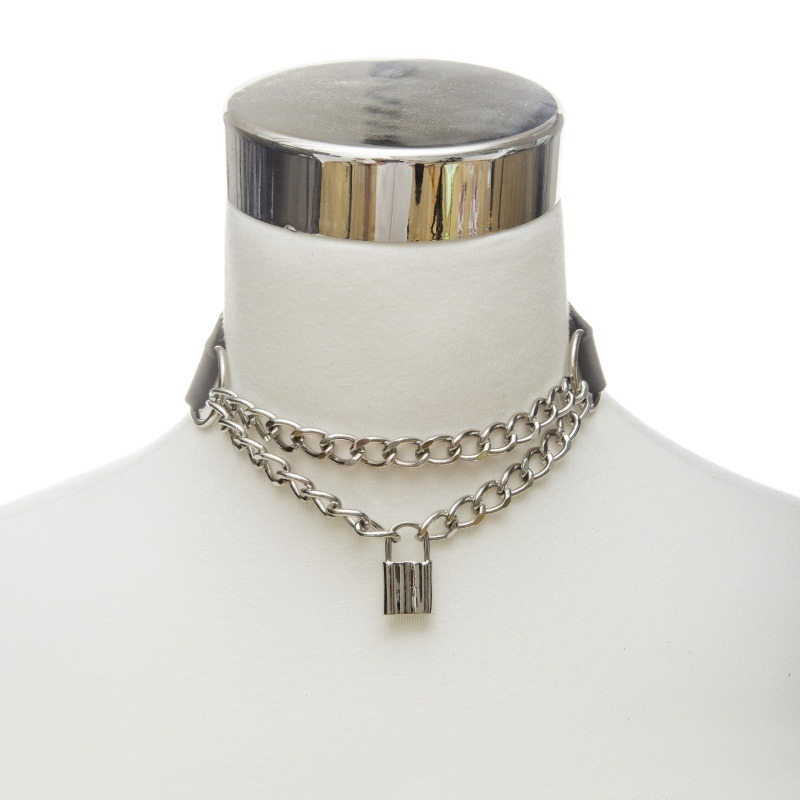 Double Layer Chain Necklace With Padlock / Black PU Leather Choker Collar With Metal Pendant - HARD'N'HEAVY