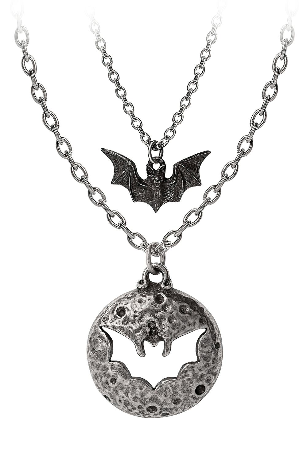 Double moon and bat pendant necklace showcasing gothic charm, symbolizing love and unity.
