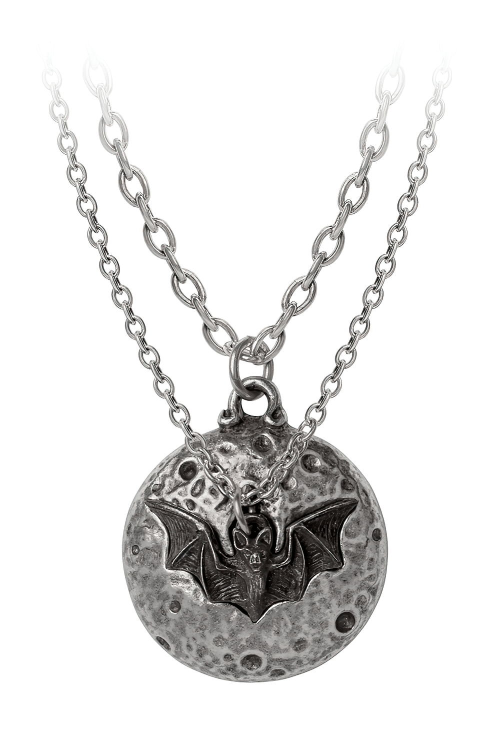 Gothic Double Moon and Bat Pendant, antique pewter design symbolizing love and unity in friendship.