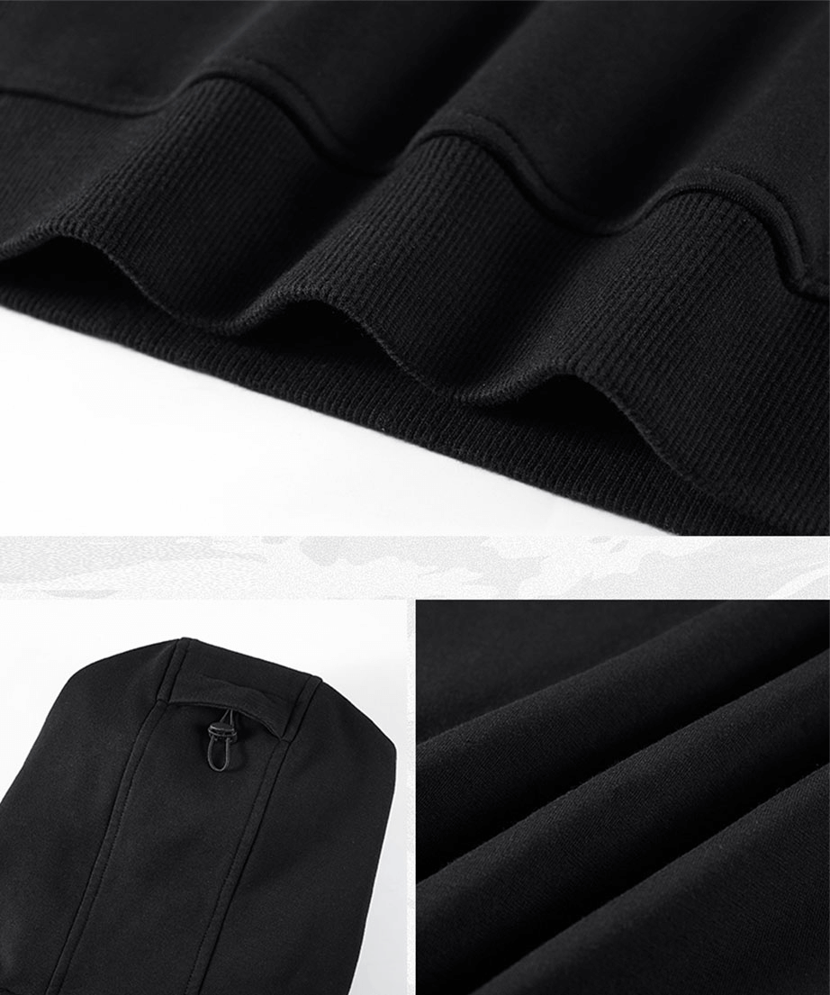 Close-up of double neckline black hoodie fabric showcasing unique sleeve pockets and stylish ribbed edges.