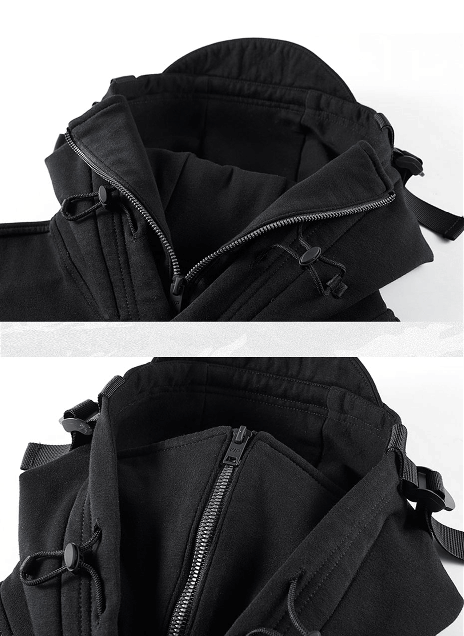 Black double neckline hoodie showcasing unique sleeve pockets and stylish zippers for alternative fashion.