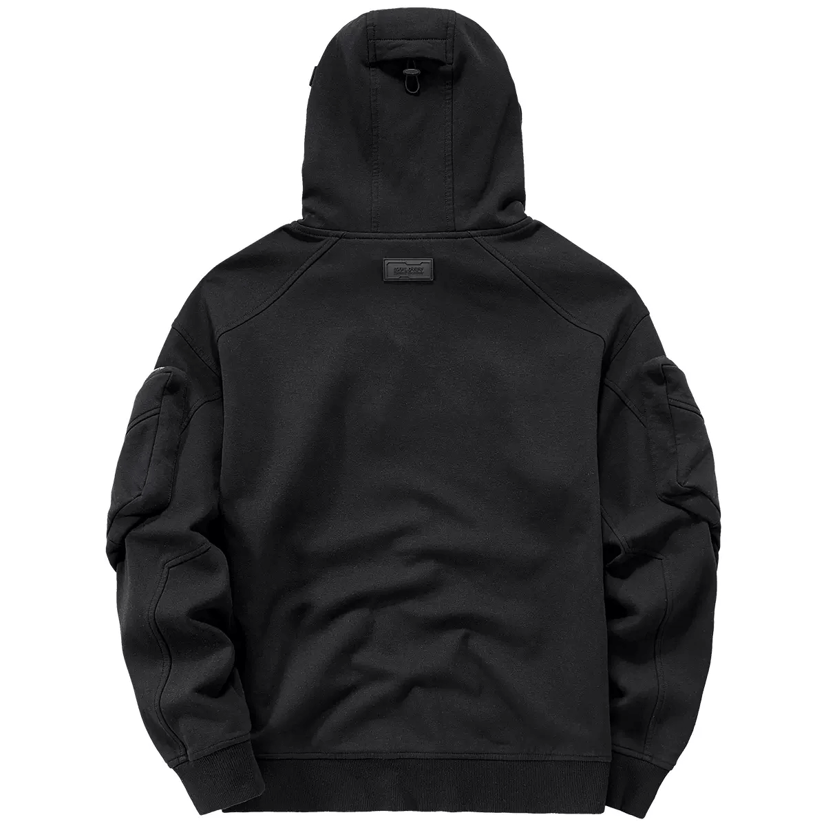 Black double neckline hoodie with pockets on sleeves, showcasing alternative fashion and unique style.