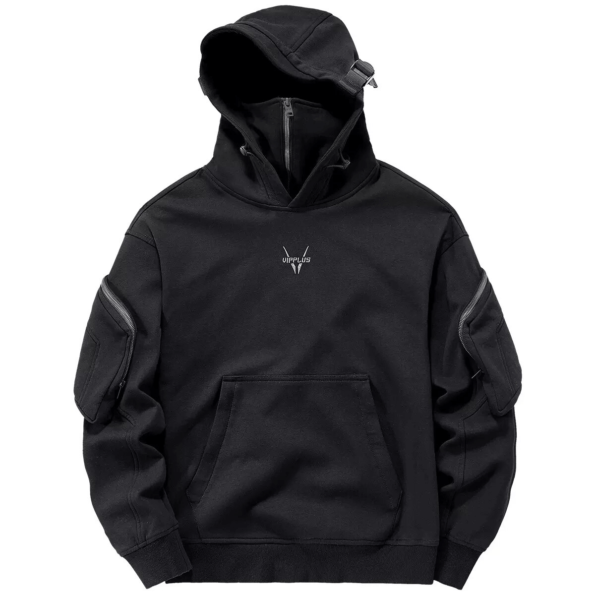 Unisex double neckline hoodie in black with unique sleeve pockets and stylish design for alternative fashion lovers.
