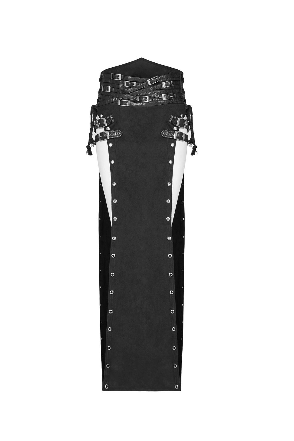 Double-sided punk skirt with metal eyelets, high waist, and side split for an edgy rockstar look.