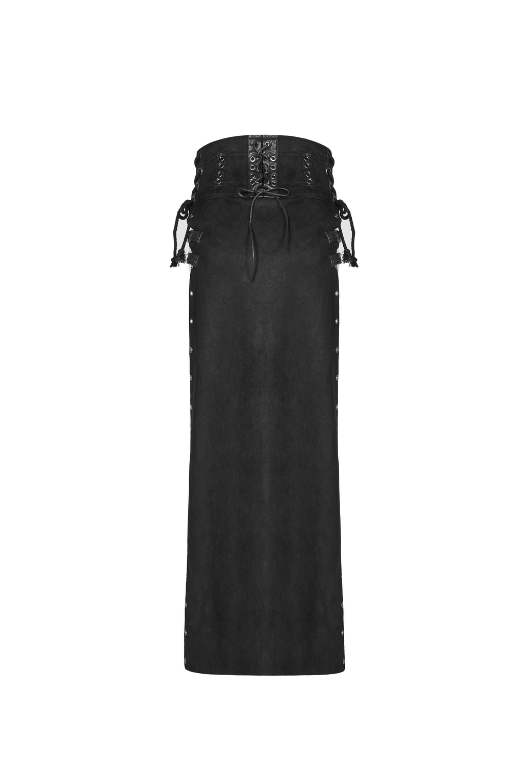 Double-sided split punk skirt with metal eyelets and high waist, perfect for a bold rockstar look.