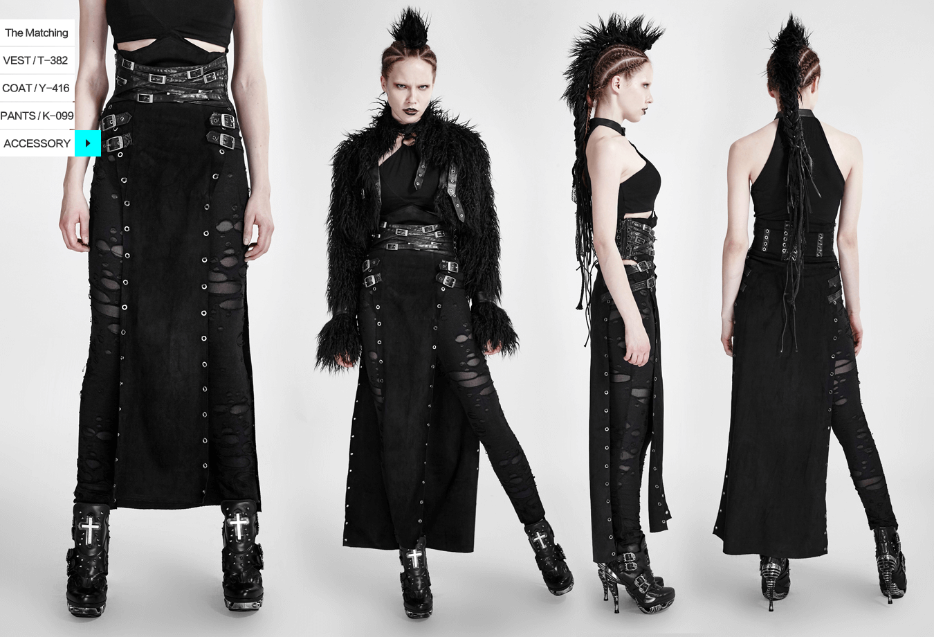Double-sided punk rock split skirt with metal eyelets and edgy faux suede design, styled for a bold look.