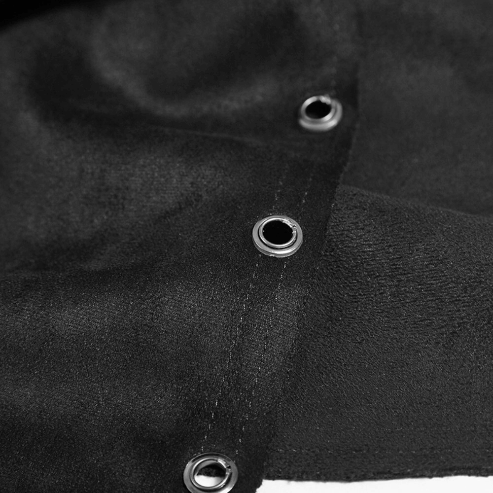 Close-up of metal eyelets on a double-sided faux suede punk skirt, showcasing its edgy design and texture.
