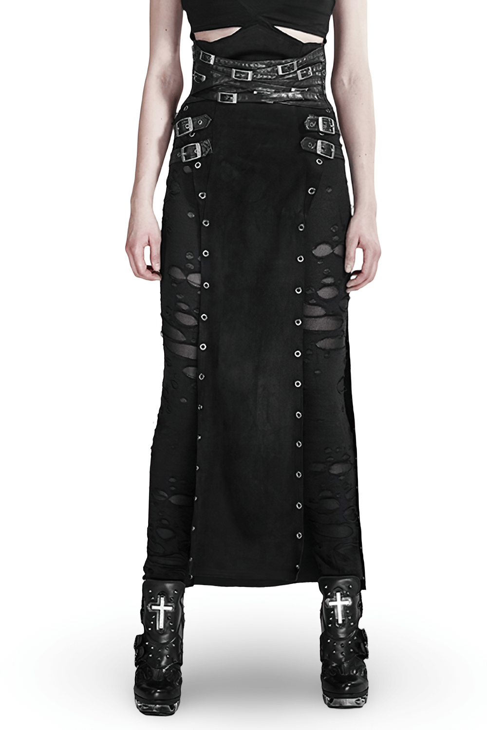 Double-sided black punk skirt with metal eyelets and side split, paired with edgy platform boots for a rebellious look.