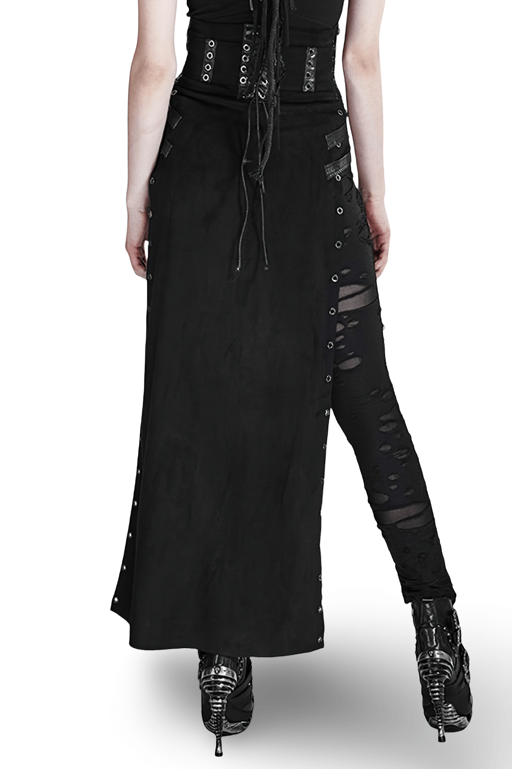 Double-sided punk skirt with metal eyelets and side split, styled with edgy boots, perfect for bold fashion.