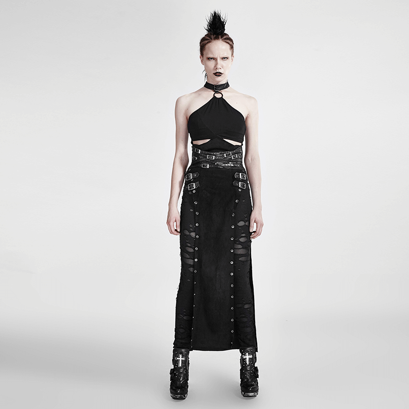 Double-Sided Split Punk Skirt with Metal Eyelets