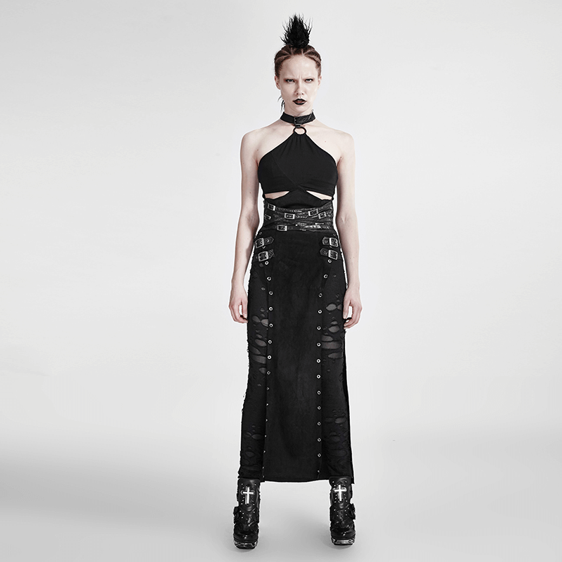 Model showcasing a bold double-sided split punk skirt with metal eyelets and a rebellious high waist.