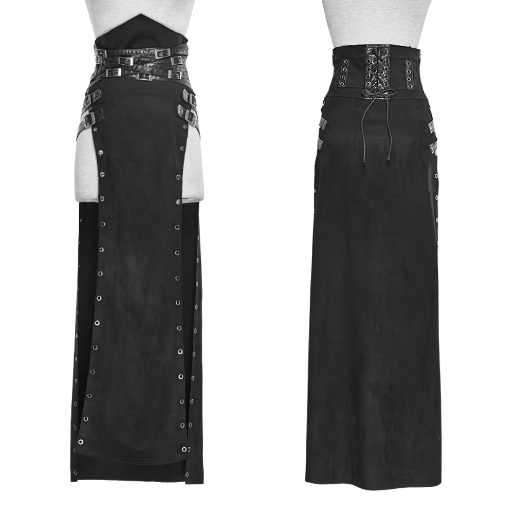 Double-sided punk skirt with metal eyelets, high waist, daring side split, and edgy leather accents.