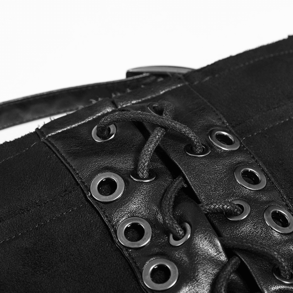 Close-up of double-sided punk skirt showing metal eyelets and lace detail for a bold, edgy look.